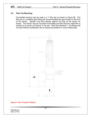 ATI Q45P pH System Part 3 – Sensor/Flowcell Mounting
14
O&M Manual
Rev-X (7/15)
3.2 Flow Tee Mounting
Convertible sensors may be used in a 1” flow tee as shown in Figure 66. The
flow tee is a modified pipe fitting that accommodates the pipe thread on the front
of the sensor. Sample must flow directly against the face of the sensor as
shown. The sensor may be mounted horizontally provided that the outlet flow is
pointed up to avoid “air locking” in the tee. Note that standard 1” tee fittings will
not work without modification due to clearance problems in most molded tees.
Figure 6 - Flow Through Tee Mount
 