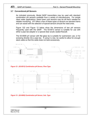 ATI Q45P pH System Part 3 – Sensor/Flowcell Mounting
20
O&M Manual
Rev-X (7/15)
3.7 Conventional pH Sensors
As indicated previously, Model Q45P transmitters may be used with standard
combination pH sensors available from a variety of manufacturers. For simple
clean water applications, these lower cost sensors may be all that’s needed for
reliable monitoring. ATI offers a few of these types of sensors as standard items
and can assist with the selection of special sensors should the need arise.
Figure 122 and Figure 13 below show the dimensions of two pH sensors
frequently used with the Q45P. The 63-0013 sensor is suitable for use with
either a pipe tee adapter or a special clear acrylic sealed flowcell.
The 63-0009 pH sensor with flat glass tip is suitable for submersion use, or for
screwing directly into a pipe tee. If using in a tee, be careful to allow for enough
slack cable so that the cable does not twist excessively.
Figure 12 - (63-0013) Combination pH Sensor, Flow Type
Figure 13 - (63-0009) Combination pH Sensor, Sub. Type
 