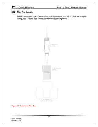 ATI Q45P pH System Part 3 – Sensor/Flowcell Mounting
22
O&M Manual
Rev-X (7/15)
3.72 Flow Tee Adapter
When using the 63-0013 sensor in a flow application, a 1” or ¾” pipe tee adapter
is required. Figure 155 shows a detail of that arrangement.
Figure 15 - Twist-Lock Flow Tee
 