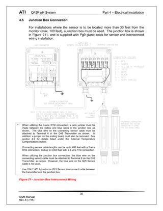 ATI Q45P pH System Part 4 – Electrical Installation
30
O&M Manual
Rev-X (7/15)
4.5 Junction Box Connection
For installations where the sensor is to be located more than 30 feet from the
monitor (max. 100 feet), a junction box must be used. The junction box is shown
in Figure 211, and is supplied with Pg9 gland seals for sensor and interconnect
wiring installation.
Figure 21 - Junction Box Interconnect Wiring
* When utilizing the 3-wire RTD connection, a wire jumper must be
made between the yellow and blue wires in the junction box as
shown. The blue wire on the connecting sensor cable must be
attached to Terminal 6 in the Q45 Transmitter as shown. In
addition, a jumper on the scaling board must also be removed. See
section 4.9 for details listed under the External Temperature
Compensation section.
Connecting sensor cable lengths can be up to 400 feet with a 2-wire
RTD connection, and up to 3,000 feet with a 3-wire RTD connection.
When utilizing the junction box connection, the blue wire on the
connecting sensor cable must be attached to Terminal 6 on the Q45
Transmitter, as above. However, the blue wire on the Q25 Sensor
cable is not used.
Use ONLY ATI 6-conductor Q25 Sensor interconnect cable between
the transmitter and the junction box.
 