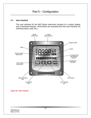 35
O&M Manual
Rev-X (7/15)
Part 5 – Configuration
5.1 User Interface
The user interface for the Q45 Series instrument consists of a custom display
and a membrane keypad. All functions are accessed from this user interface (no
internal jumpers, pots, etc.).
Figure 26 - User Interface
MENU ICONS
UNITS
12-CHARACTER
SECONDARY
DISPLAY
MEMBRANE
KEYPAD
MENU
ESC
ENTER
A
B
DIAG
FAIL
HOLD
CAL
CONF
MENU ICONS
UNITS
12-CHARACTER
SECONDARY
DISPLAY
MEMBRANE
KEYPAD
ENTER KEY
LEFT ARROW
KEY
4-DIGIT
MAIN DISPLAY
MENU/ESCAPE
KEY
UP ARROW
KEY
SIGN
RELAY/LO-BAT
INDICATOR
4-KEY USER
INTERFACE
RELAY
INDICATOR
 