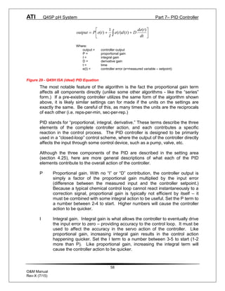 ATI Q45P pH System Part 7– PID Controller
58
O&M Manual
Rev-X (7/15)
ú
û
ù
ê
ë
é
+
+
= ò dt
t
de
D
t
d
t
e
I
t
e
P
output
)
(
)
(
)
(
1
)
(
Where:
output = controller output
P = proportional gain
I = integral gain
D = derivative gain
t = time
e(t) = controller error (e=measured variable – setpoint)
Figure 29 - Q45H ISA (ideal) PID Equation
The most notable feature of the algorithm is the fact the proportional gain term
affects all components directly (unlike some other algorithms - like the “series”
form.) If a pre-existing controller utilizes the same form of the algorithm shown
above, it is likely similar settings can for made if the units on the settings are
exactly the same. Be careful of this, as many times the units are the reciprocals
of each other (i.e. reps-per-min, sec-per-rep.)
PID stands for “proportional, integral, derivative.” These terms describe the three
elements of the complete controller action, and each contributes a specific
reaction in the control process. The PID controller is designed to be primarily
used in a “closed-loop” control scheme, where the output of the controller directly
affects the input through some control device, such as a pump, valve, etc.
Although the three components of the PID are described in the setting area
(section 4.25), here are more general descriptions of what each of the PID
elements contribute to the overall action of the controller.
P Proportional gain. With no “I” or “D” contribution, the controller output is
simply a factor of the proportional gain multiplied by the input error
(difference between the measured input and the controller setpoint.)
Because a typical chemical control loop cannot react instantaneously to a
correction signal, proportional gain is typically not efficient by itself – it
must be combined with some integral action to be useful. Set the P term to
a number between 2-4 to start. Higher numbers will cause the controller
action to be quicker.
I Integral gain. Integral gain is what allows the controller to eventually drive
the input error to zero – providing accuracy to the control loop. It must be
used to affect the accuracy in the servo action of the controller. Like
proportional gain, increasing integral gain results in the control action
happening quicker. Set the I term to a number between 3-5 to start (1-2
more than P). Like proportional gain, increasing the integral term will
cause the controller action to be quicker.
 