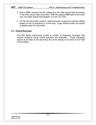 ATI Q45P pH System Part 8 – Maintenance and Troubleshooting
63
O&M Manual
Rev-X (7/15)
2. With a DMM, measure the DC voltage from the white sensor lead connection
to the black sensor lead connection. With the positive DMM lead on the white
wire, the meter should read between -4.5 and -5.5 VDC.
3. For the DC transmitter variation, verify that power supply has required voltage
based on size of resistance in current loop. Large resistive loads can reduce
available power for transmitter.
8.3 Display Messages
The Q45 Series instruments provide a number of diagnostic messages that
indicate problems during normal operation and calibration. These messages
appear as prompts on the secondary line of the display or as items on the Fault
List as follows.
 