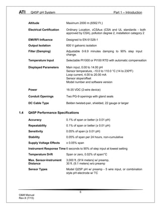 ATI Q45P pH System Part 1 – Introduction
6
O&M Manual
Rev-X (7/15)
Altitude Maximum 2000 m (6562 Ft.)
Electrical Certification Ordinary Location, cCSAus (CSA and UL standards - both
approved by CSA), pollution degree 2, installation category 2
EMI/RFI Influence Designed to EN 61326-1
Output Isolation 600 V galvanic isolation
Filter (Damping) Adjustable 0-9.9 minutes damping to 90% step input
change.
Temperature Input Selectable Pt1000 or Pt100 RTD with automatic compensation
Displayed Parameters Main input, 0.00 to 14.00 pH
Sensor temperature, -10.0 to 110.0 °C (14 to 230ºF)
Loop current, 4.00 to 20.00 mA
Sensor slope/offset
Model number and software version
Power 16-35 VDC (2-wire device)
Conduit Openings Two PG-9 openings with gland seals
DC Cable Type Belden twisted-pair, shielded, 22 gauge or larger
1.4 Q45P Performance Specifications
Accuracy 0.1% of span or better (± 0.01 pH)
Repeatability 0.1% of span or better (± 0.01 pH)
Sensitivity 0.05% of span (± 0.01 pH)
Stability 0.05% of span per 24 hours, non-cumulative
Supply Voltage Effects ± 0.05% span
Instrument Response Time 6 seconds to 90% of step input at lowest setting
Temperature Drift Span or zero, 0.02% of span/°C
Max. Sensor-Instrument 3,000 ft. (914 meters) w/ preamp,
Distance 30 ft. (9.1 meters) w/o preamp
Sensor Types Model Q25P pH w/ preamp - 5 wire input, or combination
style pH electrode w/ TC
 