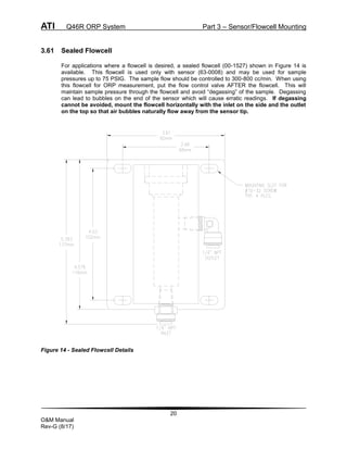 ATI Q46R ORP System Part 3 – Sensor/Flowcell Mounting
20
O&M Manual
Rev-G (8/17)
3.61 Sealed Flowcell
For applications where a flowcell is desired, a sealed flowcell (00-1527) shown in Figure 14 is
available. This flowcell is used only with sensor (63-0008) and may be used for sample
pressures up to 75 PSIG. The sample flow should be controlled to 300-800 cc/min. When using
this flowcell for ORP measurement, put the flow control valve AFTER the flowcell. This will
maintain sample pressure through the flowcell and avoid “degassing” of the sample. Degassing
can lead to bubbles on the end of the sensor which will cause erratic readings. If degassing
cannot be avoided, mount the flowcell horizontally with the inlet on the side and the outlet
on the top so that air bubbles naturally flow away from the sensor tip.
Figure 14 - Sealed Flowcell Details
 