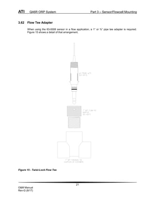 ATI Q46R ORP System Part 3 – Sensor/Flowcell Mounting
21
O&M Manual
Rev-G (8/17)
3.62 Flow Tee Adapter
When using the 63-0008 sensor in a flow application, a 1” or ¾” pipe tee adapter is required.
Figure 15 shows a detail of that arrangement.
Figure 15 - Twist-Lock Flow Tee
 