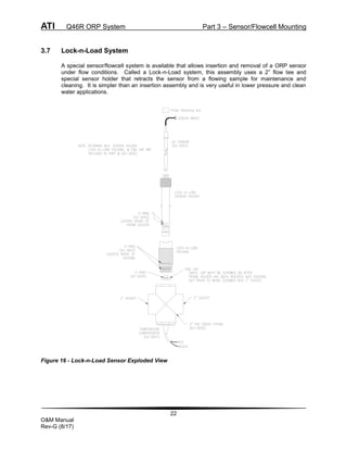 ATI Q46R ORP System Part 3 – Sensor/Flowcell Mounting
22
O&M Manual
Rev-G (8/17)
3.7 Lock-n-Load System
A special sensor/flowcell system is available that allows insertion and removal of a ORP sensor
under flow conditions. Called a Lock-n-Load system, this assembly uses a 2” flow tee and
special sensor holder that retracts the sensor from a flowing sample for maintenance and
cleaning. It is simpler than an insertion assembly and is very useful in lower pressure and clean
water applications.
Figure 16 - Lock-n-Load Sensor Exploded View
 