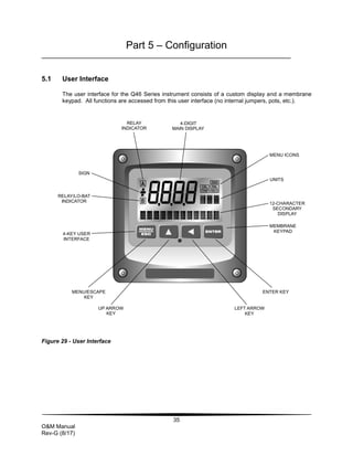 35
O&M Manual
Rev-G (8/17)
Part 5 – Configuration
5.1 User Interface
The user interface for the Q46 Series instrument consists of a custom display and a membrane
keypad. All functions are accessed from this user interface (no internal jumpers, pots, etc.).
Figure 29 - User Interface
MENU ICONS
UNITS
12-CHARACTER
SECONDARY
DISPLAY
MEMBRANE
KEYPAD
MENU
ESC
ENTER
A
B
DIAG
FAIL
HOLD
CAL
CONF
MENU ICONS
UNITS
12-CHARACTER
SECONDARY
DISPLAY
MEMBRANE
KEYPAD
ENTER KEY
LEFT ARROW
KEY
4-DIGIT
MAIN DISPLAY
MENU/ESCAPE
KEY
UP ARROW
KEY
SIGN
RELAY/LO-BAT
INDICATOR
4-KEY USER
INTERFACE
RELAY
INDICATOR
 