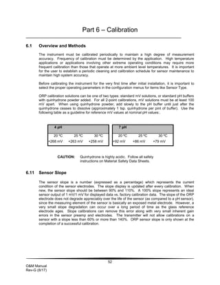 52
O&M Manual
Rev-G (8/17)
Part 6 – Calibration
6.1 Overview and Methods
The instrument must be calibrated periodically to maintain a high degree of measurement
accuracy. Frequency of calibration must be determined by the application. High temperature
applications or applications involving other extreme operating conditions may require more
frequent calibration than those that operate at more ambient level temperatures. It is important
for the user to establish a periodic cleaning and calibration schedule for sensor maintenance to
maintain high system accuracy.
Before calibrating the instrument for the very first time after initial installation, it is important to
select the proper operating parameters in the configuration menus for items like Sensor Type.
ORP calibration solutions can be one of two types: standard mV solutions, or standard pH buffers
with quinhydrone powder added. For all 2-point calibrations, mV solutions must be at least 100
mV apart. When using quinhydrone powder, add slowly to the pH buffer until just after the
quinhydrone ceases to dissolve (approximately 1 tsp. quinhydrone per pint of buffer). Use the
following table as a guideline for reference mV values at nominal pH values:.
4 pH 7 pH
20 ºC 25 ºC 30 ºC 20 ºC 25 ºC 30 ºC
+268 mV +263 mV +258 mV +92 mV +86 mV +79 mV
6.11 Sensor Slope
The sensor slope is a number (expressed as a percentage) which represents the current
condition of the sensor electrodes. The slope display is updated after every calibration. When
new, the sensor slope should be between 90% and 110%. A 100% slope represents an ideal
sensor output of 1 mV/1 mV for displayed data vs. factory calibration data. The slope of the ORP
electrode does not degrade appreciably over the life of the sensor (as compared to a pH sensor),
since the measuring element of the sensor is basically an exposed metal electrode. However, a
very small slope degradation can occur over a long period of time as the glass reference
electrode ages. Slope calibrations can remove this error along with very small inherent gain
errors in the sensor preamp and electrodes. The transmitter will not allow calibrations on a
sensor with a slope less than 60% or more than 140%. ORP sensor slope is only shown at the
completion of a successful calibration.
CAUTION: Quinhydrone is highly acidic. Follow all safety
instructions on Material Safety Data Sheets.
 
