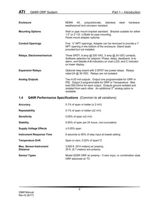 ATI Q46R ORP System Part 1 – Introduction
6
O&M Manual
Rev-G (8/17)
Enclosure NEMA 4X, polycarbonate, stainless steel hardware,
weatherproof and corrosion resistant.
Mounting Options Wall or pipe mount bracket standard. Bracket suitable for either
1.5” or 2” I.D. U-Bolts for pipe mounting.
Panel mount adapter optional.
Conduit Openings Five ½” NPT openings, Adapter can be removed to provide a 1”
NPT opening in the bottom of the enclosure. Gland seals
provided but not installed.
Relays, Electromechanical: Three SPDT, 6 amp @ 250 VAC, 5 amp @ 24 VDC contacts.
Software selection for setpoint, Phase, delay, deadband, hi-lo
alarm, and failsafe.A-B indicators on main LCD, and C indicator
on lower display.
Expansion Relays: Optional relay board with 3 SPST low power relays. Relays
rated 2A @ 30 VDC. Relays are not isolated.
Analog Outputs Two 4-20 mA outputs. Output one programmable for ORP or
PID. Output 2 programmable for ORP or Temperature. Max
load 500 Ohms for each output. Outputs ground isolated and
isolated from each other. An additional 3
rd
analog option is
available.
1.4 Q46R Performance Specifications (Common to all variations)
Accuracy 0.1% of span or better (± 2 mV)
Repeatability 0.1% of span or better (±2 mV)
Sensitivity 0.05% of span (±2 mV)
Stability 0.05% of span per 24 hours, non-cumulative
Supply Voltage Effects ± 0.05% span
Instrument Response Time 6 seconds to 90% of step input at lowest setting
Temperature Drift Span or zero, 0.02% of span/°C
Max. Sensor-Instrument 3,000 ft. (914 meters) w/ preamp,
Distance 30 ft. (9.1 meters) w/o preamp
Sensor Types Model Q25R ORP w/ preamp - 5 wire input, or combination style
ORP electrode w/ TC
 