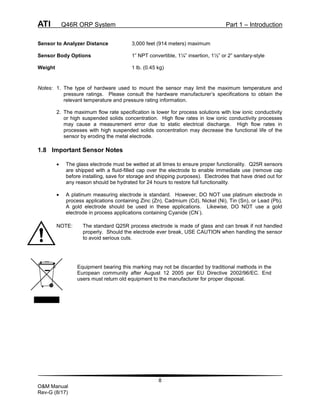 ATI Q46R ORP System Part 1 – Introduction
8
O&M Manual
Rev-G (8/17)
Sensor to Analyzer Distance 3,000 feet (914 meters) maximum
Sensor Body Options 1” NPT convertible, 1¼” insertion, 1½” or 2” sanitary-style
Weight 1 lb. (0.45 kg)
Notes: 1. The type of hardware used to mount the sensor may limit the maximum temperature and
pressure ratings. Please consult the hardware manufacturer’s specifications to obtain the
relevant temperature and pressure rating information.
2. The maximum flow rate specification is lower for process solutions with low ionic conductivity
or high suspended solids concentration. High flow rates in low ionic conductivity processes
may cause a measurement error due to static electrical discharge. High flow rates in
processes with high suspended solids concentration may decrease the functional life of the
sensor by eroding the metal electrode.
1.8 Important Sensor Notes
 The glass electrode must be wetted at all times to ensure proper functionality. Q25R sensors
are shipped with a fluid-filled cap over the electrode to enable immediate use (remove cap
before installing, save for storage and shipping purposes). Electrodes that have dried out for
any reason should be hydrated for 24 hours to restore full functionality.
 A platinum measuring electrode is standard. However, DO NOT use platinum electrode in
process applications containing Zinc (Zn), Cadmium (Cd), Nickel (Ni), Tin (Sn), or Lead (Pb).
A gold electrode should be used in these applications. Likewise, DO NOT use a gold
electrode in process applications containing Cyanide (CN
-
).
NOTE: The standard Q25R process electrode is made of glass and can break if not handled
properly. Should the electrode ever break, USE CAUTION when handling the sensor
to avoid serious cuts.
Equipment bearing this marking may not be discarded by traditional methods in the
European community after August 12 2005 per EU Directive 2002/96/EC. End
users must return old equipment to the manufacturer for proper disposal.
 