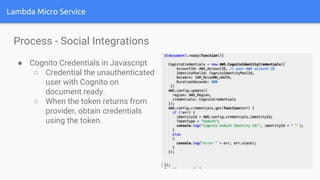 Lambda Micro Service
Process - Social Integrations
● Cognito Credentials in Javascript
○ Credential the unauthenticated
user with Cognito on
document ready.
○ When the token returns from
provider, obtain credentials
using the token.
 