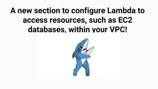 A new section to configure Lambda to
access resources, such as EC2
databases, within your VPC!
 