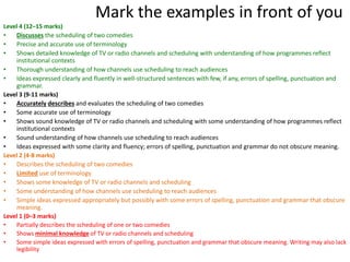 Level 4 (12–15 marks)
• Discusses the scheduling of two comedies
• Precise and accurate use of terminology
• Shows detailed knowledge of TV or radio channels and scheduling with understanding of how programmes reflect
institutional contexts
• Thorough understanding of how channels use scheduling to reach audiences
• Ideas expressed clearly and fluently in well-structured sentences with few, if any, errors of spelling, punctuation and
grammar.
Level 3 (9-11 marks)
• Accurately describes and evaluates the scheduling of two comedies
• Some accurate use of terminology
• Shows sound knowledge of TV or radio channels and scheduling with some understanding of how programmes reflect
institutional contexts
• Sound understanding of how channels use scheduling to reach audiences
• Ideas expressed with some clarity and fluency; errors of spelling, punctuation and grammar do not obscure meaning.
Level 2 (4-8 marks)
• Describes the scheduling of two comedies
• Limited use of terminology
• Shows some knowledge of TV or radio channels and scheduling
• Some understanding of how channels use scheduling to reach audiences
• Simple ideas expressed appropriately but possibly with some errors of spelling, punctuation and grammar that obscure
meaning.
Level 1 (0–3 marks)
• Partially describes the scheduling of one or two comedies
• Shows minimal knowledge of TV or radio channels and scheduling
• Some simple ideas expressed with errors of spelling, punctuation and grammar that obscure meaning. Writing may also lack
legibility
Mark the examples in front of you
 