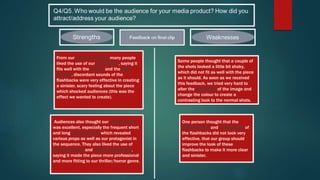 From our audience testing many people
liked the use of our soundtrack, saying it
fits well with the visuals and the high
pitched, discordant sounds of the
flashbacks were very effective in creating
a sinister, scary feeling about the piece
which shocked audiences (this was the
effect we wanted to create).
Some people thought that a couple of
the shots looked a little bit shaky,
which did not fit as well with the piece
as it should. As soon as we received
this feedback, we tried very hard to
alter the graininess of the image and
change the colour to create a
contrasting look to the normal shots.
Audiences also thought our camera work
was excellent, especially the frequent short
and long tracking shots which revealed
various props as well as our protagonist in
the sequence. They also liked the use of
pull focus shots and canted angle shots,
saying it made the piece more professional
and more fitting to our thriller/horror genre.
One person thought that the
edited effects and composition of
the flashbacks did not look very
effective, that our group should
improve the look of these
flashbacks to make it more clear
and sinister.
 