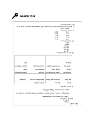 Answer Key
I-Let
us
Try:
1.
Saigon
2.
Himala
I-Guide
Questions:
1.
Yes
or
no
(depend
on
the
learners
idea)
2.
Our
topic
is
all
about
Theatre
play
and
the
pictures
in
the
activity
are
examples
of
original
performance
of
Philippine
Theatre
II-
Let
us
Practice:
Sound
and
Music
Gesture,
Movement
and
Dance
Costume,
Mask,
Makeup,&
Accessories
Spectacle
-Incorporate
sound.
-
Recording
-Editing.
-Steps
technique
to
a
certain
scene.
-Create
dance
styles
-Painting.
-Paper
mache.
-Industrial
design.
-Inspiring
effect
on
stage.
-Special
effects
on
lights.
III-
Let
us
Practice
More:
1.
D,-
VI
2.
B,d,III
3.
E,b,,IV
4.
C,a,V
5
A,c,II
6.
F,f,1
IV
–
Let
us
Assess:
1.
D
6.
C
2.
C
7.B
3.
B
8.A
4.
A
9.D
5.
D
10.C
V-
Let
us
Enhance:
Essay
(5pts)
----
By
giving
emphasis
to
each
elements
on
how
it
was
being
applied
in
order
to
be
more
comprehensive.
 