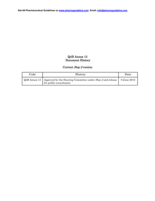 Get All Pharmaceutical Guidelines on www.pharmaguideline.com Email- info@pharmaguideline.com

Q4B Annex 13
Document History
version
Current Step 2 version

Code

History

Date

Q4B Annex 13

Approval by the Steering Committee under Step 2 and release
for public consultation.

9 June 2010

 