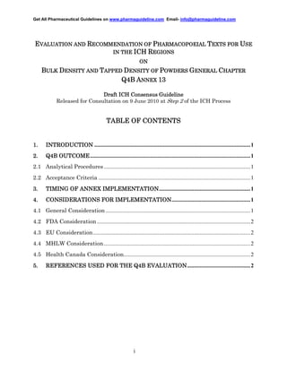 Get All Pharmaceutical Guidelines on www.pharmaguideline.com Email- info@pharmaguideline.com

EVALUATION AND RECOMMENDATION OF PHARMACOPOEIAL TEXTS FOR USE
IN THE ICH REGIONS
ON

BULK DENSITY AND TAPPED DENSITY OF POWDERS GENERAL CHAPTER
Q4B ANNEX 13
Draft ICH Consensus Guideline
Released for Consultation on 9 June 2010 at Step 2 of the ICH Process

TABLE OF CONTENTS

1.

INTRODUCTION ...............................................................................................................1

2.

OUTCOME..................................................................................................................1
Q4B OUTCOME

2.1 Analytical Procedures ........................................................................................................1
2.2 Acceptance Criteria ............................................................................................................1
3.

IMPLEMENTATION.................................................................1
TIMING OF ANNEX IMPLEMENTATION

4.

IMPLEMENTATION........................................................1
CONSIDERATIONS FOR IMPLEMENTATION

4.1 General Consideration .......................................................................................................1
4.2 FDA Consideration .............................................................................................................2
4.3 EU Consideration................................................................................................................2
4.4 MHLW Consideration ........................................................................................................2
4.5 Health Canada Consideration..........................................................................................2
5.

EVALUATION.............................................2
REFERENCES USED FOR THE Q4B EVALUATION

i

 