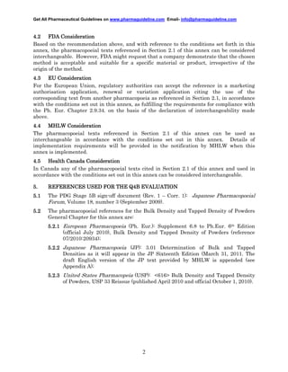 Get All Pharmaceutical Guidelines on www.pharmaguideline.com Email- info@pharmaguideline.com

4.2 FDA Consideration
Based on the recommendation above, and with reference to the conditions set forth in this
annex, the pharmacopoeial texts referenced in Section 2.1 of this annex can be considered
interchangeable. However, FDA might request that a company demonstrate that the chosen
method is acceptable and suitable for a specific material or product, irrespective of the
origin of the method.
4.3 EU Consideration
For the European Union, regulatory authorities can accept the reference in a marketing
authorisation application, renewal or variation application citing the use of the
corresponding text from another pharmacopoeia as referenced in Section 2.1, in accordance
with the conditions set out in this annex, as fulfilling the requirements for compliance with
the Ph. Eur. Chapter 2.9.34. on the basis of the declaration of interchangeability made
above.
4.4 MHLW Consideration
The pharmacopoeial texts referenced in Section 2.1 of this annex can be used as
interchangeable in accordance with the conditions set out in this annex. Details of
implementation requirements will be provided in the notification by MHLW when this
annex is implemented.
4.5 Health Canada Consideration
In Canada any of the pharmacopoeial texts cited in Section 2.1 of this annex and used in
accordance with the conditions set out in this annex can be considered interchangeable.
5.

EVALUATION
REFERENCES USED FOR THE Q4B EVALUATION

5.1

The PDG Stage 5B sign-off document (Rev. 1 – Corr. 1): Japanese Pharmacopoeial
Forum, Volume 18, number 3 (September 2009).

5.2

The pharmacopoeial references for the Bulk Density and Tapped Density of Powders
General Chapter for this annex are:
5.2.1
5.2.1 European Pharmacopoeia (Ph. Eur.): Supplement 6.8 to Ph.Eur. 6th Edition
(official July 2010), Bulk Density and Tapped Density of Powders (reference
07/2010:20934);
5.2.2 Japanese Pharmacopoeia (JP): 3.01 Determination of Bulk and Tapped
Densities as it will appear in the JP Sixteenth Edition (March 31, 2011. The
draft English version of the JP text provided by MHLW is appended (see
Appendix A);
5.2.3 United States Pharmacopeia (USP): <616> Bulk Density and Tapped Density
of Powders, USP 33 Reissue (published April 2010 and official October 1, 2010).

2

 