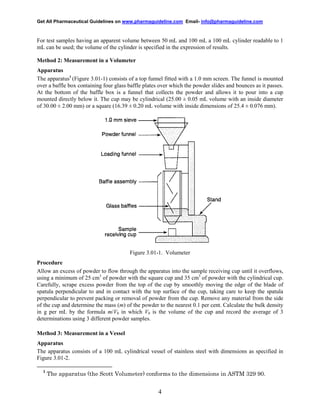 Get All Pharmaceutical Guidelines on www.pharmaguideline.com Email- info@pharmaguideline.com

For test samples having an apparent volume between 50 mL and 100 mL a 100 mL cylinder readable to 1
mL can be used; the volume of the cylinder is specified in the expression of results.
Method 2: Measurement in a Volumeter
Apparatus
The apparatus1 (Figure 3.01-1) consists of a top funnel fitted with a 1.0 mm screen. The funnel is mounted
over a baffle box containing four glass baffle plates over which the powder slides and bounces as it passes.
At the bottom of the baffle box is a funnel that collects the powder and allows it to pour into a cup
mounted directly below it. The cup may be cylindrical (25.00 ± 0.05 mL volume with an inside diameter
of 30.00 ± 2.00 mm) or a square (16.39 ± 0.20 mL volume with inside dimensions of 25.4 ± 0.076 mm).

Figure 3.01-1. Volumeter
Procedure
Allow an excess of powder to flow through the apparatus into the sample receiving cup until it overflows,
using a minimum of 25 cm3 of powder with the square cup and 35 cm3 of powder with the cylindrical cup.
Carefully, scrape excess powder from the top of the cup by smoothly moving the edge of the blade of
spatula perpendicular to and in contact with the top surface of the cup, taking care to keep the spatula
perpendicular to prevent packing or removal of powder from the cup. Remove any material from the side
of the cup and determine the mass (m) of the powder to the nearest 0.1 per cent. Calculate the bulk density
in g per mL by the formula m/V0 in which V0 is the volume of the cup and record the average of 3
determinations using 3 different powder samples.
Method 3: Measurement in a Vessel
Apparatus
The apparatus consists of a 100 mL cylindrical vessel of stainless steel with dimensions as specified in
Figure 3.01-2.
1

The apparatus (the Scott Volumeter) conforms to the dimensions in ASTM 329 90.

4

 