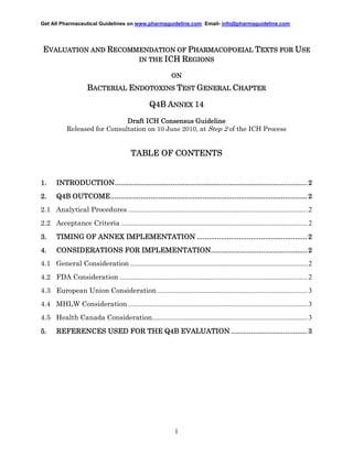 Get All Pharmaceutical Guidelines on www.pharmaguideline.com Email- info@pharmaguideline.com

EVALUATION AND RECOMMENDATION OF PHARMACOPOEIAL TEXTS FOR USE
IN THE ICH REGIONS
ON

BACTERIAL ENDOTOXINS TEST GENERAL CHAPTER
Q4B ANNEX 14
Draft ICH Consensus Guideline
Released for Consultation on 10 June 2010, at Step 2 of the ICH Process

TABLE OF CONTENTS

1.

INTRODUCTION................................................................................................
INTRODUCTION................................................................................................ 2
................................................................

2.

OUTCOME................................................................................................
..................................................................................................
Q4B OUTCOME .................................................................................................. 2

2.1 Analytical Procedures ........................................................................................................2
2.2 Acceptance Criteria ............................................................................................................2
3.

.......................................................
TIMING OF ANNEX IMPLEMENTATION ....................................................... 2

4.

IMPLEMENTATION................................
................................................
CONSIDERATIONS FOR IMPLEMENTATION................................................ 2

4.1 General Consideration .......................................................................................................2
4.2 FDA Consideration .............................................................................................................2
4.3 European Union Consideration .......................................................................................3
4.4 MHLW Consideration ........................................................................................................3
4.5 Health Canada Consideration..........................................................................................3
5.

......................................
REFERENCES USED FOR THE Q4B EVALUATION ...................................... 3

1

 