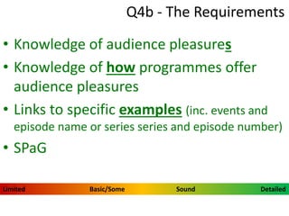 Q4b - The Requirements
• Knowledge of audience pleasures
• Knowledge of how programmes offer
audience pleasures
• Links to specific examples (inc. events and
episode name or series series and episode number)
• SPaG
Limited Basic/Some Sound Detailed
 