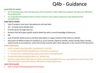 Q4b - Guidance
Level 4 (12–15 marks)
• 14–15 As below, plus a focused discussion of the similarities and/or differences between the pleasures offered by
two programmes
• 12–13 Double ticks predominate for analysis of two or more audience pleasures with detailed textual
exemplification.
Level 3 (9-11 marks)
• Level 3 answers must cover two pleasures and two texts:
• 10 – 11 marks Some double ticks
• 9 marks Series of single ticks for:
• Answers that fail to give specific textual detail but with a sound knowledge of pleasures
• OR
• Lack of specific detail (such as character description or vague outlines of the texts as a whole).
• Discussion of different types of comedy (e.g. visual comedy, slapstick comedy, verbal comedy, black comedy,
satire) counts as one pleasure, unless the answer touches upon other pleasures in the course of this discussion.
Level 2 (4-8 marks)
• Level 2 answers may only cover one pleasure or one text:
• 7 – 8 marks Some limited exemplification of at least one pleasure.
• 5 – 6 marks Some understanding of pleasure(s) with no exemplification
• 4 marks One pleasure poorly stated, e.g. ‘being funny’.
• Answers using a text or texts that are clearly not comedy programmes (e.g. soap operas) can reach level 2, but
they must discuss pleasures that are offered by comedy programmes.
Level 1 (0–3 marks)
• Level 1 answers will typically describe the text(s).
 