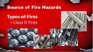 Source of Fire Hazards
Types of Fires
Class D Fires
 