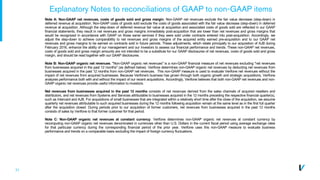 31
Explanatory Notes to reconciliations of GAAP to non-GAAP items
Note A: Non-GAAP net revenues, costs of goods sold and gross margin. Non-GAAP net revenues exclude the fair value decrease (step-down) in
deferred revenue at acquisition. Non-GAAP costs of goods sold exclude the costs of goods associated with the fair value decrease (step-down) in deferred
revenue at acquisition. Although the step-down of deferred revenue fair value at acquisition and associated costs of goods sold are reflected in our GAAP
financial statements, they result in net revenues and gross margins immediately post-acquisition that are lower than net revenues and gross margins that
would be recognized in accordance with GAAP on those same services if they were sold under contracts entered into post-acquisition. Accordingly, we
adjust the step-down to achieve comparability to net revenues and gross margins of the acquired entity earned pre-acquisition and to our GAAP net
revenues and gross margins to be earned on contracts sold in future periods. These adjustments, which relate principally to our acquisition of AJB during
February 2016, enhance the ability of our management and our investors to assess our financial performance and trends. These non-GAAP net revenues,
costs of goods sold and gross margin amounts are not intended to be a substitute for our GAAP disclosures of net revenues, costs of goods sold and gross
margin, and should be read together with our GAAP disclosures.
Note B: Non-GAAP organic net revenues. "Non-GAAP organic net revenues" is a non-GAAP financial measure of net revenues excluding "net revenues
from businesses acquired in the past 12 months" (as defined below). Verifone determines non-GAAP organic net revenues by deducting net revenues from
businesses acquired in the past 12 months from non-GAAP net revenues. This non-GAAP measure is used to evaluate Verifone net revenues without the
impact of net revenues from acquired businesses. Because Verifone's business has grown through both organic growth and strategic acquisitions, Verifone
analyzes performance both with and without the impact of our recent acquisitions. Accordingly, Verifone believes that both non-GAAP net revenues and non-
GAAP organic net revenues provide useful information to investors.
Net revenues from businesses acquired in the past 12 months consists of net revenues derived from the sales channels of acquired resellers and
distributors, and net revenues from Systems and Services attributable to businesses acquired in the 12 months preceding the respective financial quarter(s),
such as Intercard and AJB. For acquisitions of small businesses that are integrated within a relatively short time after the close of the acquisition, we assume
quarterly net revenues attributable to such acquired businesses during the 12 months following acquisition remain at the same level as in the first full quarter
after the acquisition closed. During periods prior to our acquisition of former customers, net revenues from businesses acquired in the past 12 months
consists of sales by Verifone to that former customer for that period.
Note C: Non-GAAP organic net revenues at constant currency. Verifone determines non-GAAP organic net revenues at constant currency by
recomputing non-GAAP organic net revenues denominated in currencies other than U.S. Dollars in the current fiscal period using average exchange rates
for that particular currency during the corresponding financial period of the prior year. Verifone uses this non-GAAP measure to evaluate business
performance and trends on a comparable basis excluding the impact of foreign currency fluctuations.
 