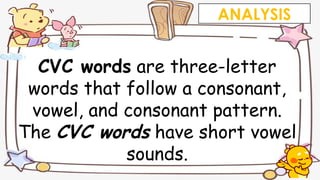 CVC words are three-letter
words that follow a consonant,
vowel, and consonant pattern.
The CVC words have short vowel
sounds.
ANALYSIS
 