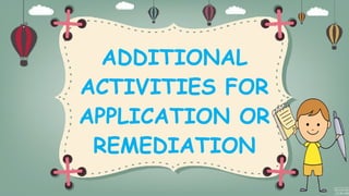 ADDITIONAL
ACTIVITIES FOR
APPLICATION OR
REMEDIATION
 