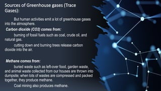 Sources of Greenhouse gases (Trace
Gases):
But human activities emit a lot of greenhouse gases
into the atmosphere.
Carbon dioxide (CO2) comes from:
burning of fossil fuels such as coal, crude oil, and
natural gas.
cutting down and burning trees release carbon
dioxide into the air.
Methane comes from:
buried waste such as left-over food, garden waste,
and animal waste collected from our houses are thrown into
dumpsite; when lots of wastes are compressed and packed
together, they produce methane.
Coal mining also produces methane. 11
 