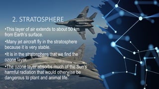 2. STRATOSPHERE
•This layer of air extends to about 50 km
from Earth’s surface.
•Many jet aircraft fly in the stratosphere
because it is very stable.
•It is in the stratosphere that we find the
ozone layer.
•The ozone layer absorbs much of the Sun’s
harmful radiation that would otherwise be
dangerous to plant and animal life.
4
 