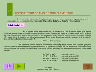 COMPUESTOS DE MÁS DE DOS ELEMENTOS 17 Como su nombre indica están formados por átomos de tres o más elementos. Hay cuatro grupos de compuestos que se van a estudiar por separado:  Hidróxidos,  Oxácidos,  Oxisales y  Sales ácidas Hidróxidos En lo que se refiere a la formulación, los hidróxidos se caracterizan por tener en la fórmula química la agrupación de átomos OH repetida un número entero de veces (en lo que se incluye una sola vez) y un átomo de metal. El grupo OH, denominado  hidróxido , es una agrupación de un átomo de hidrógeno, con número de oxidación +1, y de un átomo de oxígeno, con  número de oxidación -2, por lo que dicho grupo equivale, a efectos de la formulación, a un solo átomo de número de oxidación -1: O -2  H +1     OH -1   hidróxido Los hidróxidos pueden entonces considerarse como compuestos binarios entre un metal y el grupo hidróxido (aunque realmente sean compuestos ternarios, ya que están formados por tres elementos). Se nombran con la palabra hidróxido y el nombre del metal con la notación de Stock si es preciso, de la manera que muestran los siguientes ejemplos: Na +1  OH -1     NaOH Hidróxido de sodio Cr +3  OH -1     Cr(OH) 3 Hidróxido de cromo (III) Mg +2  OH -1     Mg(OH) 2 Hidróxido de magnesio Pb +4  OH -1     Pb(OH) 4 Hidróxido de plomo (IV) 