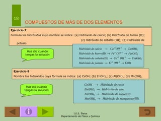 COMPUESTOS DE MÁS DE DOS ELEMENTOS 18 Ejercicio 7 Formula los hidróxidos cuyo nombre se indica: (a) Hidróxido de calcio; (b) Hidróxido de hierro (II); (c) Hidróxido de cobalto (III); (d) Hidróxido de potasio Ejercicio 8 Nombra los hidróxidos cuya fórmula se indica: (a) CsOH; (b) ZnOH) 2 ; (c) Al(OH) 3 ; (d) Mn(OH) 3 Haz clic cuando tengas la solución Haz clic cuando tengas la solución 