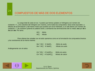 COMPUESTOS DE MÁS DE DOS ELEMENTOS La carga total de cada ion es -1 puesto que hemos quitado un hidrógeno con número de oxidación +1, y los oxácidos del nitrógeno son neutros, como todos los compuestos. Esos iones equivalen, a efectos de la formulación y del mismo modo que sucedía con el ion hidróxido, a un sólo átomo con número de oxidación -1. Se nombran quitando la palabra ácido y cambiando las terminaciones del no metal,  oso  por  ito  e  ico  por  ato .  Por tanto: NO 2 1-   Nitrito NO 3 1-   Nitrato Para obtener las oxisales con el sodio operamos como en la formulación de compuestos binarios y los nombramos de la misma manera: Na+ 1  NO 2 1-     NaNO 2  Nitrito de sodio Na+ 1  NO 3 1-     NaNO 3  Nitrato de sodio Análogamente con el calcio: Ca +2  NO 2 1-     Ca(NO 2 ) 2   Nitrito de calcio Ca +2  NO 3 1-     Ca(NO 3 ) 2   Nitrato de calcio 24 
