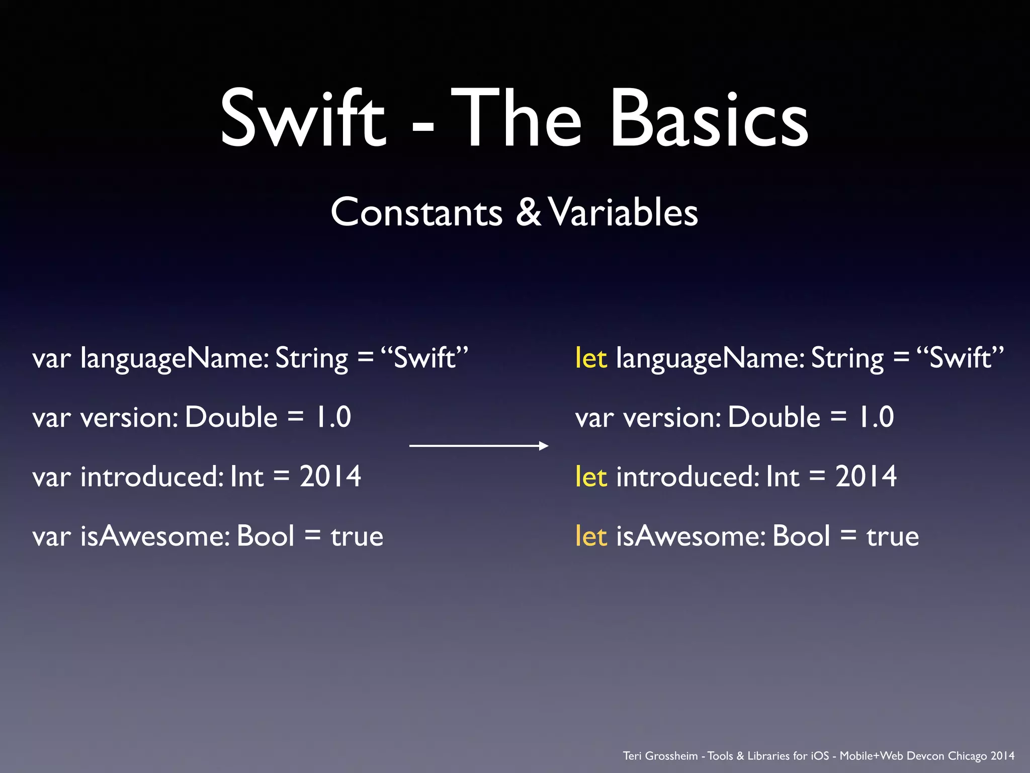 Swift - The Basics
var languageName: String = “Swift”	

var version: Double = 1.0	

var introduced: Int = 2014	

var isAwesome: Bool = true
Constants &Variables
	

 let languageName: String = “Swift”	

	

 var version: Double = 1.0	

	

 let introduced: Int = 2014	

	

 let isAwesome: Bool = true
Teri Grossheim - Tools & Libraries for iOS - Mobile+Web Devcon Chicago 2014
 