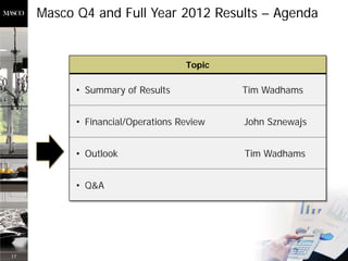 Masco Q4 and Full Year 2012 Results – Agenda


                                   Topic

           • Summary of Results            Tim Wadhams


           • Financial/Operations Review   John Sznewajs


           • Outlook                       Tim Wadhams


           • Q&A




17
 