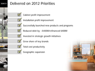 Delivered on 2012 Priorities

            Cabinet profit improvement

            Installation profit improvement

            Successfully launched new products and programs

            Reduced debt by ~$400M/refinanced $400M

            Invested in strategic growth initiatives

            Grew share of key brands

            Total cost productivity

            Geographic expansion




5
 