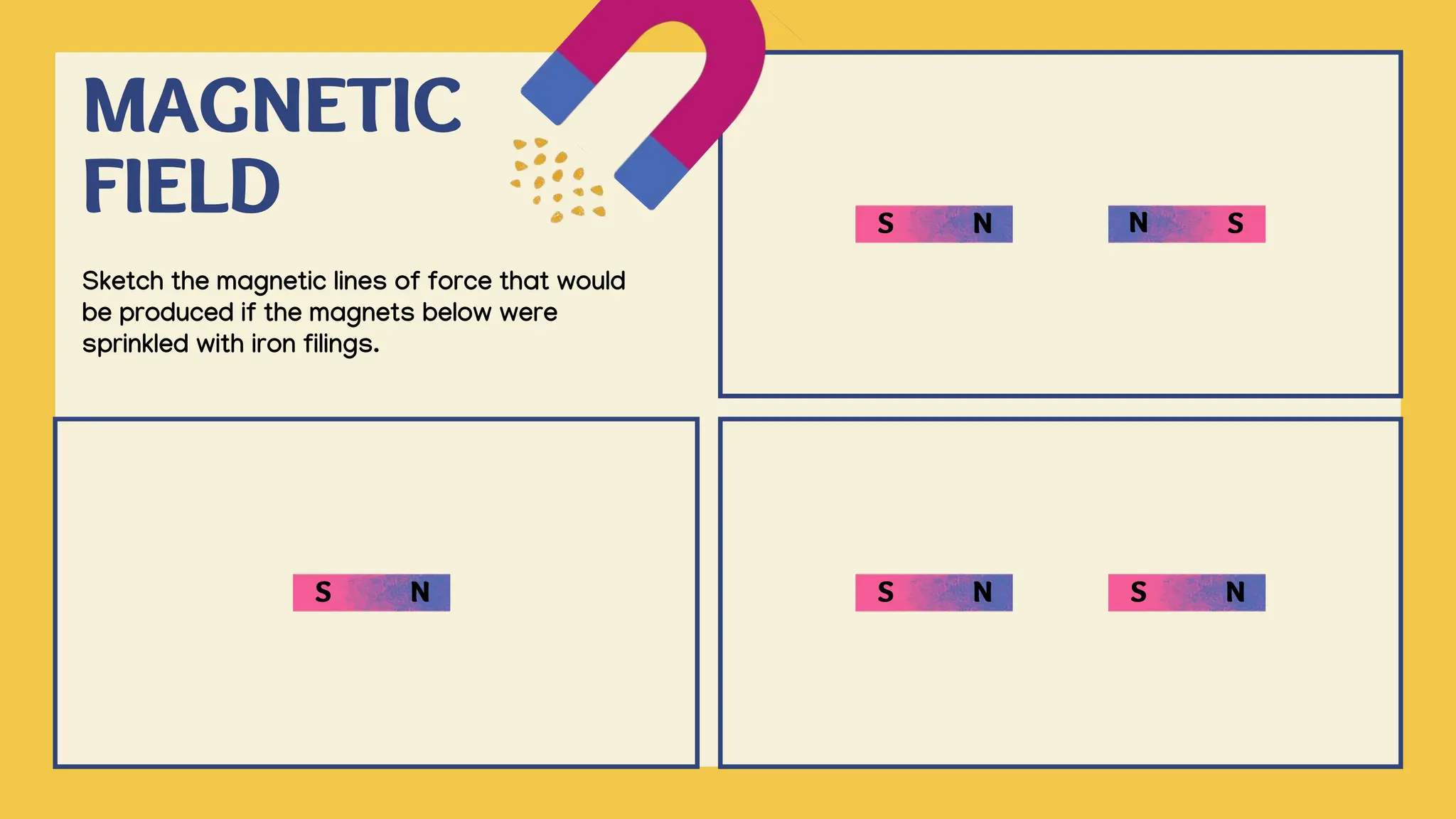 N
S
MAGNETIC
FIELD N
S N S
N
S N
S
Sketch the magnetic lines of force that would
be produced if the magnets below were
sprinkled with iron filings.
 