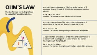 OHM'S LAW
Use the formula for finding voltage
to calculate the problems below.
A circuit has a resistance of 20 ohms and a current of 5
amperes flowing through it. What is the voltage across the
circuit?
V = 5 A * 20 Ω = 100 V
Answer: The voltage across the circuit is 100 volts.
A light bulb has a resistance of 50 ohms and is connected to
a battery with a voltage of 12 volts. What is the current
flowing through the light bulb?
I = 12 V / 50 Ω = 0.24 A
Answer: The current flowing through the light bulb is 0.24 amperes.
A circuit has a voltage of 24 volts and a resistance of 6
ohms. What is the current flowing through the circuit?
I = 24 V / 6 Ω = 4 A
Answer: The current flowing through the circuit is 4 amperes.
 