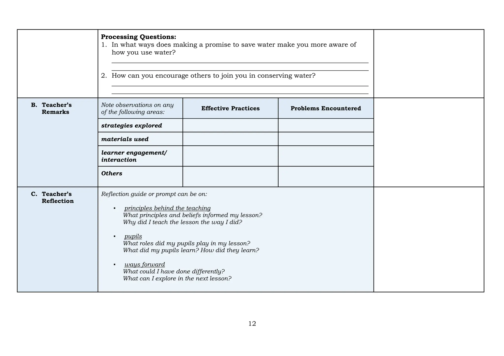 12
Processing Questions:
1. In what ways does making a promise to save water make you more aware of
how you use water?
______________________________________________________________________________
______________________________________________________________________________
2. How can you encourage others to join you in conserving water?
______________________________________________________________________________
______________________________________________________________________________
B. Teacher’s
Remarks
Note observations on any
of the following areas:
Effective Practices Problems Encountered
strategies explored
materials used
learner engagement/
interaction
Others
C. Teacher’s
Reflection
Reflection guide or prompt can be on:
▪ principles behind the teaching
What principles and beliefs informed my lesson?
Why did I teach the lesson the way I did?
▪ pupils
What roles did my pupils play in my lesson?
What did my pupils learn? How did they learn?
▪ ways forward
What could I have done differently?
What can I explore in the next lesson?
 