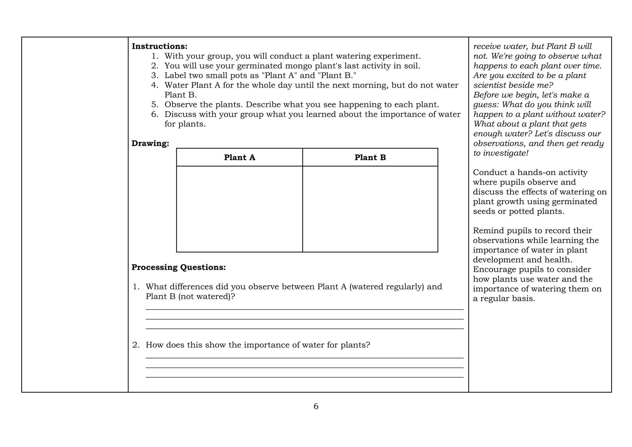 6
Instructions:
1. With your group, you will conduct a plant watering experiment.
2. You will use your germinated mongo plant's last activity in soil.
3. Label two small pots as "Plant A" and "Plant B."
4. Water Plant A for the whole day until the next morning, but do not water
Plant B.
5. Observe the plants. Describe what you see happening to each plant.
6. Discuss with your group what you learned about the importance of water
for plants.
Drawing:
Plant A Plant B
Processing Questions:
1. What differences did you observe between Plant A (watered regularly) and
Plant B (not watered)?
_____________________________________________________________________________
_____________________________________________________________________________
_____________________________________________________________________________
2. How does this show the importance of water for plants?
_____________________________________________________________________________
_____________________________________________________________________________
_____________________________________________________________________________
receive water, but Plant B will
not. We're going to observe what
happens to each plant over time.
Are you excited to be a plant
scientist beside me?
Before we begin, let's make a
guess: What do you think will
happen to a plant without water?
What about a plant that gets
enough water? Let's discuss our
observations, and then get ready
to investigate!
Conduct a hands-on activity
where pupils observe and
discuss the effects of watering on
plant growth using germinated
seeds or potted plants.
Remind pupils to record their
observations while learning the
importance of water in plant
development and health.
Encourage pupils to consider
how plants use water and the
importance of watering them on
a regular basis.
 