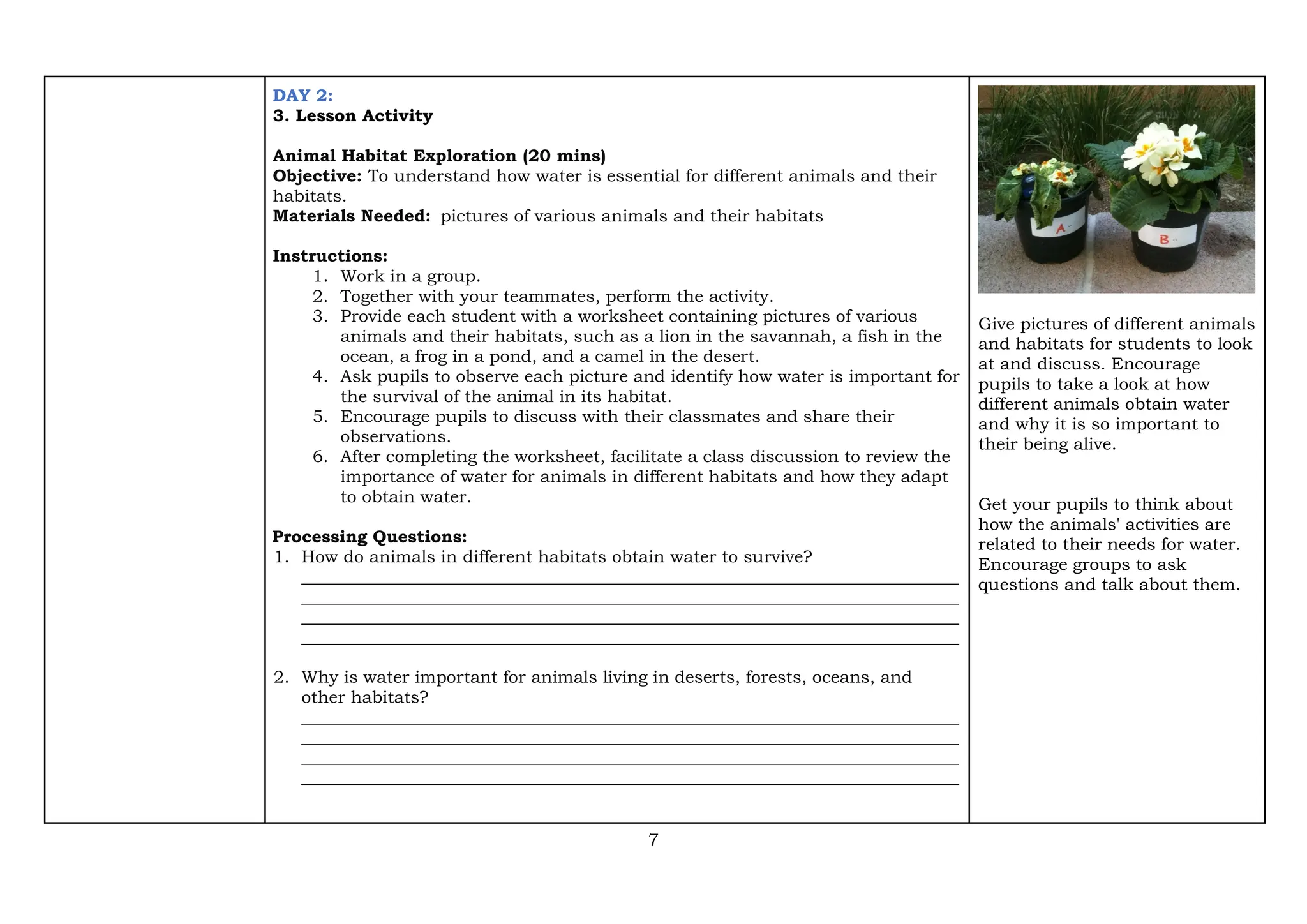 7
DAY 2:
3. Lesson Activity
Animal Habitat Exploration (20 mins)
Objective: To understand how water is essential for different animals and their
habitats.
Materials Needed: pictures of various animals and their habitats
Instructions:
1. Work in a group.
2. Together with your teammates, perform the activity.
3. Provide each student with a worksheet containing pictures of various
animals and their habitats, such as a lion in the savannah, a fish in the
ocean, a frog in a pond, and a camel in the desert.
4. Ask pupils to observe each picture and identify how water is important for
the survival of the animal in its habitat.
5. Encourage pupils to discuss with their classmates and share their
observations.
6. After completing the worksheet, facilitate a class discussion to review the
importance of water for animals in different habitats and how they adapt
to obtain water.
Processing Questions:
1. How do animals in different habitats obtain water to survive?
_____________________________________________________________________________
_____________________________________________________________________________
_____________________________________________________________________________
_____________________________________________________________________________
2. Why is water important for animals living in deserts, forests, oceans, and
other habitats?
_____________________________________________________________________________
_____________________________________________________________________________
_____________________________________________________________________________
_____________________________________________________________________________
Give pictures of different animals
and habitats for students to look
at and discuss. Encourage
pupils to take a look at how
different animals obtain water
and why it is so important to
their being alive.
Get your pupils to think about
how the animals' activities are
related to their needs for water.
Encourage groups to ask
questions and talk about them.
 