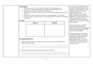 6
Instructions:
1. With your group, you will conduct a plant watering experiment.
2. You will use your germinated mongo plant's last activity in soil.
3. Label two small pots as "Plant A" and "Plant B."
4. Water Plant A for the whole day until the next morning, but do not water
Plant B.
5. Observe the plants. Describe what you see happening to each plant.
6. Discuss with your group what you learned about the importance of water
for plants.
Drawing:
Plant A Plant B
Processing Questions:
1. What differences did you observe between Plant A (watered regularly) and
Plant B (not watered)?
_____________________________________________________________________________
_____________________________________________________________________________
_____________________________________________________________________________
2. How does this show the importance of water for plants?
_____________________________________________________________________________
_____________________________________________________________________________
_____________________________________________________________________________
receive water, but Plant B will
not. We're going to observe what
happens to each plant over time.
Are you excited to be a plant
scientist beside me?
Before we begin, let's make a
guess: What do you think will
happen to a plant without water?
What about a plant that gets
enough water? Let's discuss our
observations, and then get ready
to investigate!
Conduct a hands-on activity
where pupils observe and
discuss the effects of watering on
plant growth using germinated
seeds or potted plants.
Remind pupils to record their
observations while learning the
importance of water in plant
development and health.
Encourage pupils to consider
how plants use water and the
importance of watering them on
a regular basis.
 
