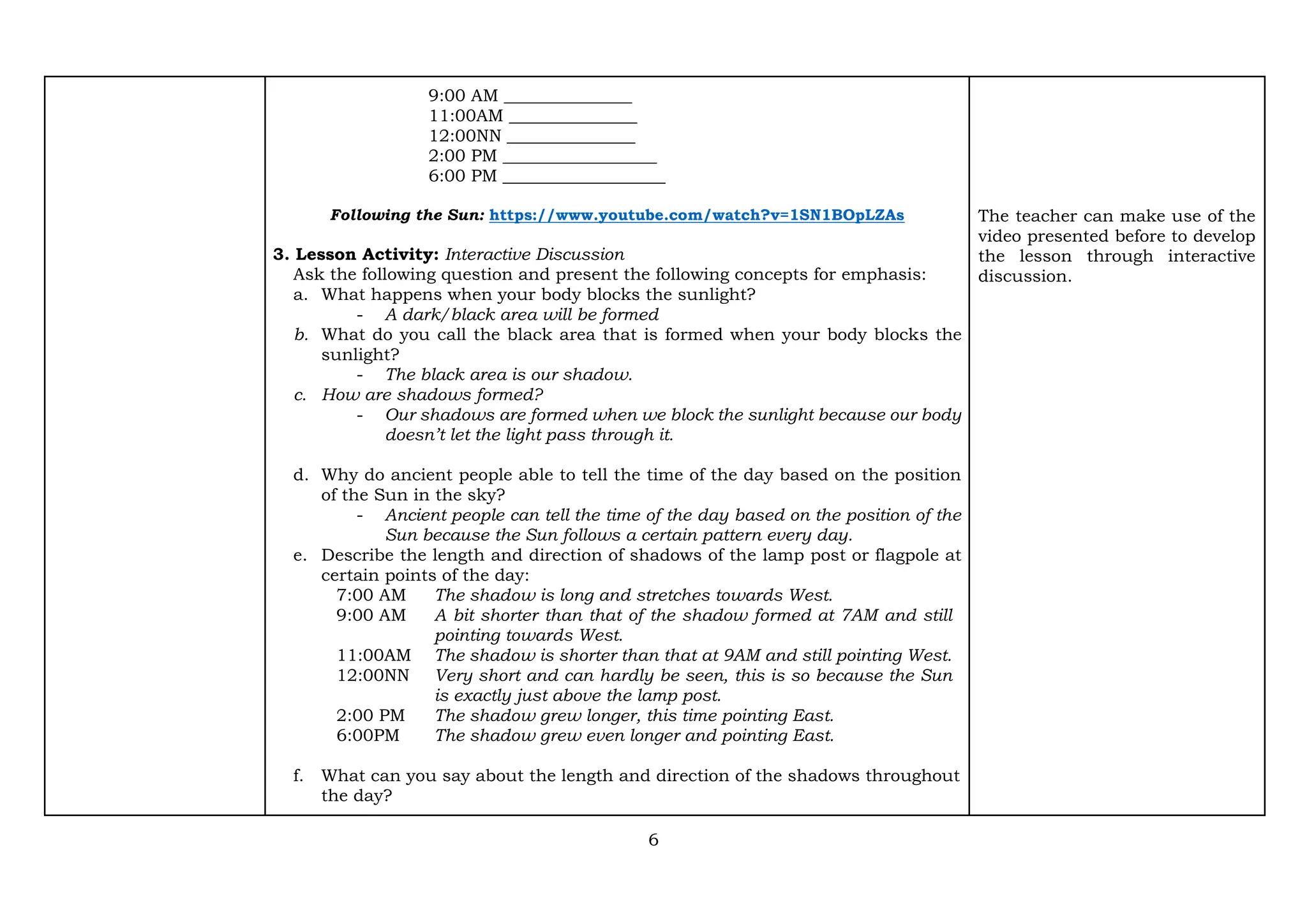 6
9:00 AM _______________
11:00AM _______________
12:00NN _______________
2:00 PM __________________
6:00 PM ___________________
Following the Sun: https://www.youtube.com/watch?v=1SN1BOpLZAs
3. Lesson Activity: Interactive Discussion
Ask the following question and present the following concepts for emphasis:
a. What happens when your body blocks the sunlight?
- A dark/black area will be formed
b. What do you call the black area that is formed when your body blocks the
sunlight?
- The black area is our shadow.
c. How are shadows formed?
- Our shadows are formed when we block the sunlight because our body
doesn’t let the light pass through it.
d. Why do ancient people able to tell the time of the day based on the position
of the Sun in the sky?
- Ancient people can tell the time of the day based on the position of the
Sun because the Sun follows a certain pattern every day.
e. Describe the length and direction of shadows of the lamp post or flagpole at
certain points of the day:
7:00 AM The shadow is long and stretches towards West.
9:00 AM A bit shorter than that of the shadow formed at 7AM and still
pointing towards West.
11:00AM The shadow is shorter than that at 9AM and still pointing West.
12:00NN Very short and can hardly be seen, this is so because the Sun
is exactly just above the lamp post.
2:00 PM The shadow grew longer, this time pointing East.
6:00PM The shadow grew even longer and pointing East.
f. What can you say about the length and direction of the shadows throughout
the day?
The teacher can make use of the
video presented before to develop
the lesson through interactive
discussion.
 