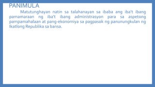 PANIMULA
Matutunghayan natin sa talahanayan sa ibaba ang iba’t ibang
pamamaraan ng iba’t ibang administrasyon para sa aspetong
pampamahalaan at pang-ekonomiya sa pagpasok ng panunungkulan ng
Ikatlong Republika sa bansa.

 