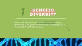 1
refers to the differences in the genetic make-up of a distinct
species and to the genetic variations within a single species. It
concerns DNA (or RNA) sequences.
GENETIC
DIVERSITY
 