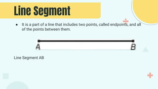 ● It is a part of a line that includes two points, called endpoints, and all
of the points between them.
Line Segment AB
L...