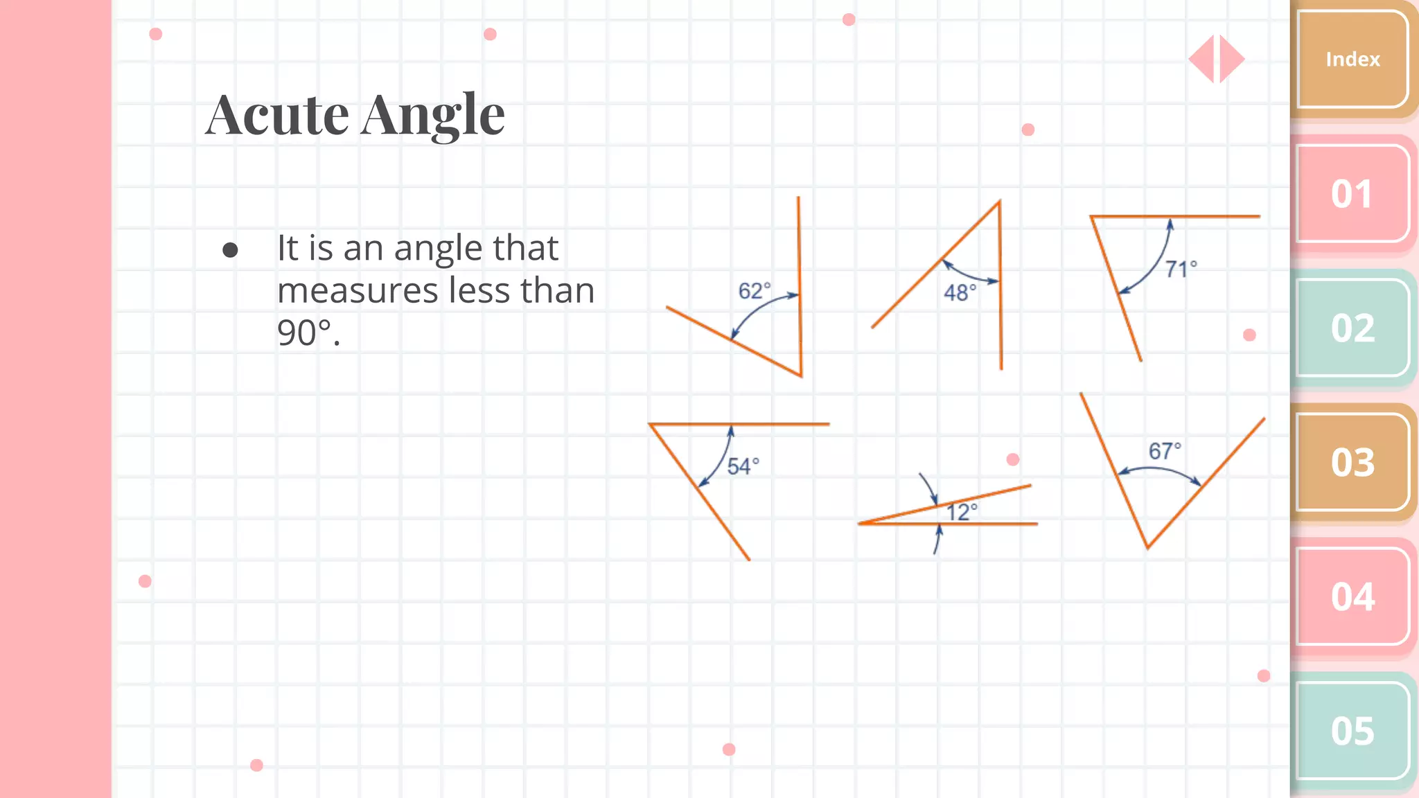 Acute Angle
● It is an angle that
measures less than
90°.
01
02
03
04
05
Index
 